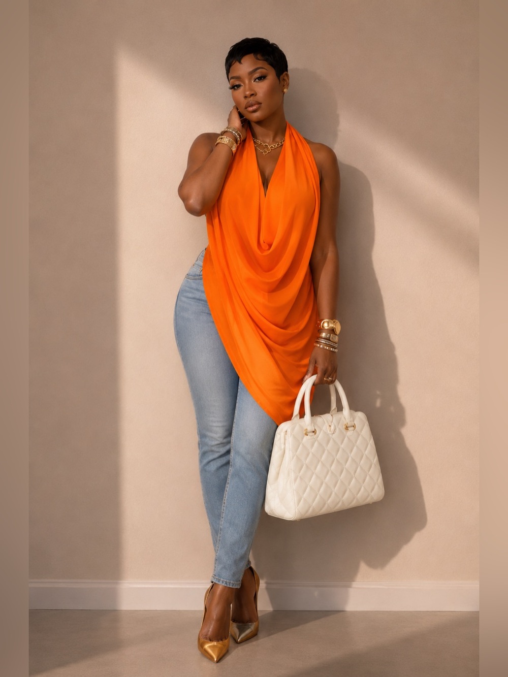 Draped Halter Top in Bright Orange